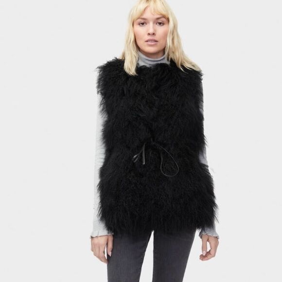 UGG MONGOLIAN CURLY BLACK SHEARLING LAMB FUR VEST - Picture 1 of 8